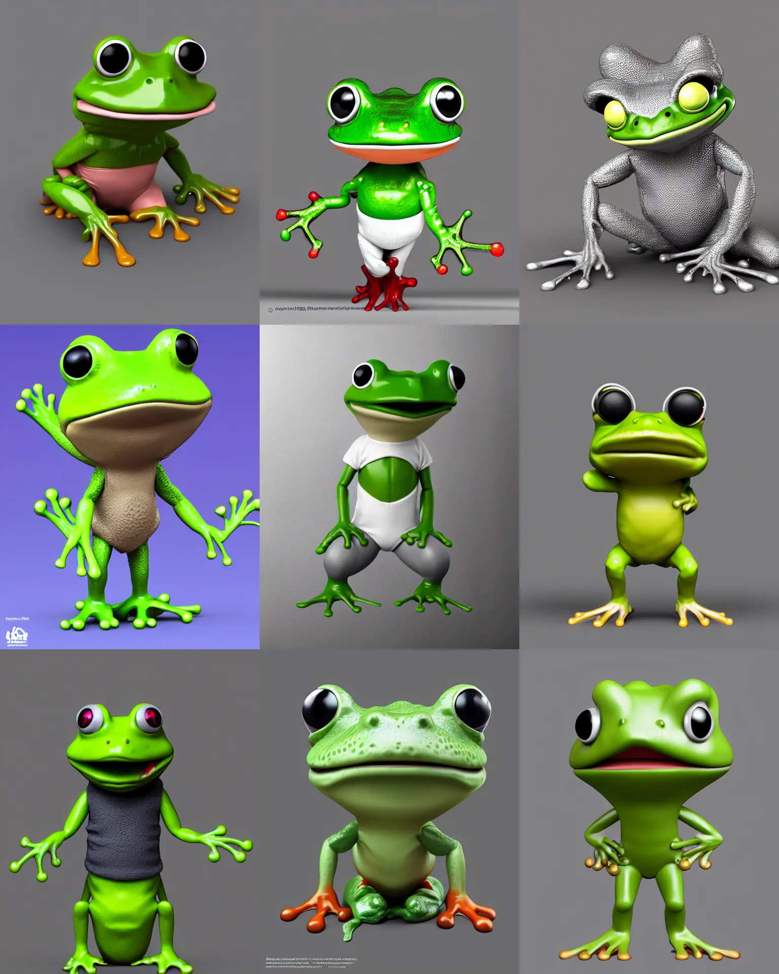 Prompt: full body 3 d render of funny frog as a funko pop!, studio lighting, grey background, single body, no shadow, blender, trending on artstation, 8 k, highly detailed