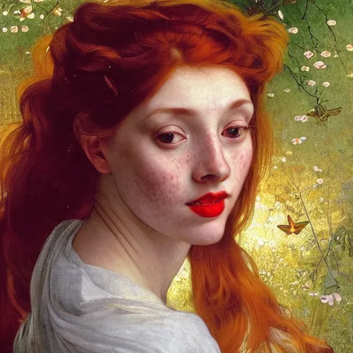 Image similar to a highly detailed portrait of a red haired young woman, among golden fireflies and nature, by night, green eyes, round gentle face, hint of freckles, cheeky smile with red lips, deep focus, smooth, sharp, golden ratio, elegant, digital painting by artemisia lomi gentileschi, caravaggio, artgerm, alphonse mucha