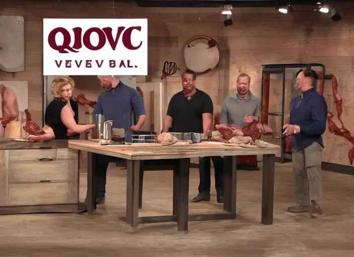 Image similar to qvc tv show product showcase nasty meat men beast raw flesh, studio lighting, limited time offer, graphics $ 9 9 call now