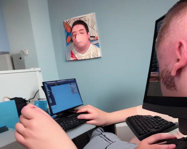 Image similar to gorgeous view of an ugly fat computer gamer with pimples and diseases all over its skin.