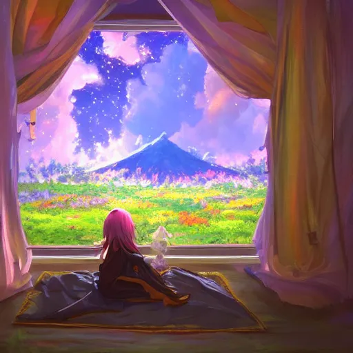 Image similar to a heavenly dream view from the interior of my cozy dream world filled with color from a Makoto Shinkai oil on canvas inspired pixiv dreamy scenery art majestic fantasy scenery fantasy pixiv scenery art inspired by magical fantasy exterior