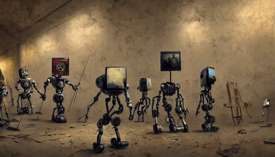 Prompt: robots in an abandoned decrepit art gallery, robots stand in front of landscape paintings, robots holding paintbrushes and easels, landscape paintings on canvas with robots, 4 k, dramatic lighting, cinematic lighting, robot painter