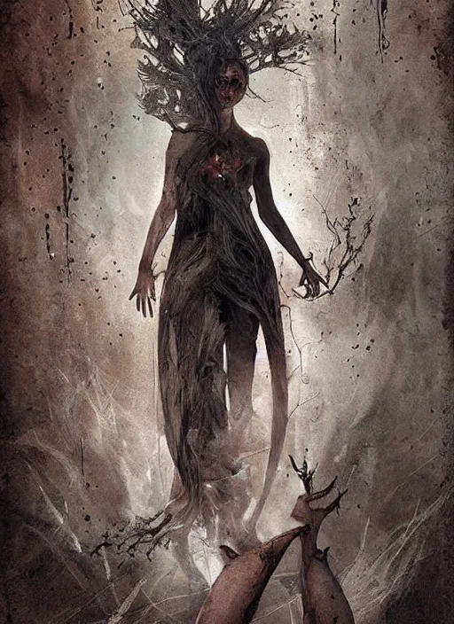 Image similar to a horror tarot card design with intricate details of soul leaving the body in smokes :: bastien lecouffe deharme