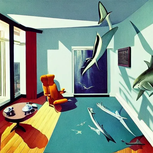 Prompt: A shark floating in a 1960s art deco living room, highly detailed, very coherent, painted by Francis Bacon and Edward Hopper, Wayne Barlowe, painted by James Gilleard, surrealism, airbrush, art by JamesJean