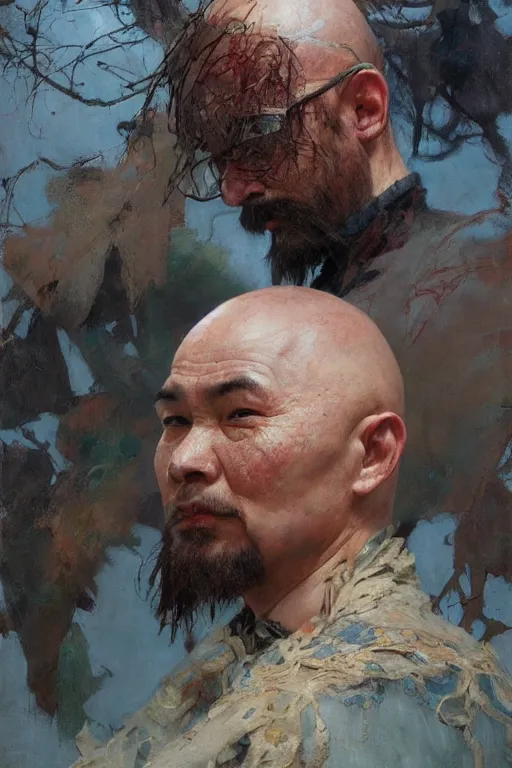 Image similar to creative bald kazakh guy with a short beard, painted by ruan jia, raymond swanland, lawrence alma tadema, zdzislaw beksinski, norman rockwell, jack kirby, tom lovell, alex malveda, greg staples