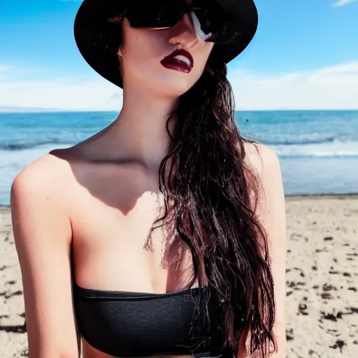 Prompt: photorealistic instagram high detail photo of a well developed goth girl with brunette hair and bangs wearing a black 2 - piece swimsuit, fishnets, and a large black gothic sunhat at the beach style 4 k