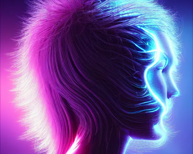 Image similar to glowing hair, complex cybernetic beings, beautiful hairy humanoids, cybermagnetosphere, cybernetic civilizations, ornate hair, love, joy, vortexes, large arrays, data holograms, 8 k, cinematic light shadows, wet hdr refractions, *, * * *, * * * * *