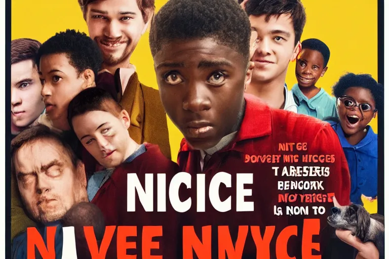 Prompt: a movie poster with dog - eared corners, advertising a movie called nice boys, showing a diverse crowd of young men being nice to strangers