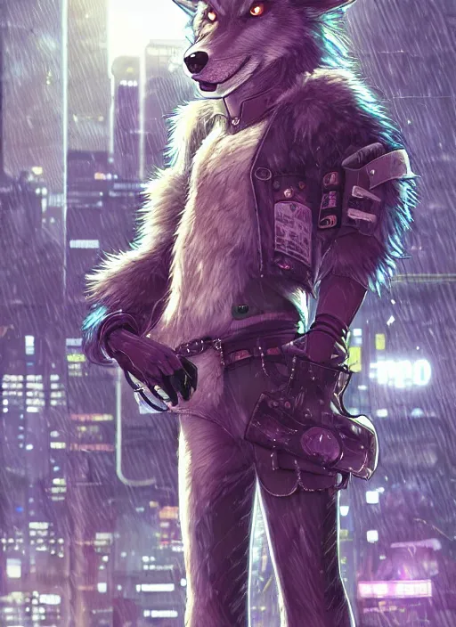 Image similar to character portrait of a male anthro wolf fursona with a tail and a cute beautiful attractive detailed furry face wearing stylish cyberpunk clothes in a cyberpunk city at night while it rains. hidari, color page, tankoban, 4K, tone mapping, Akihiko Yoshida.