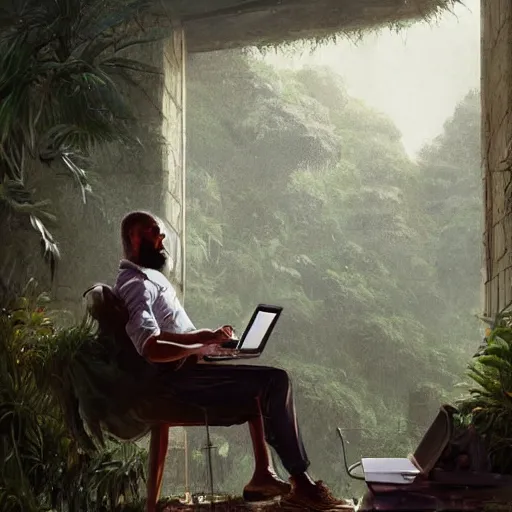 Image similar to a man sitting at a computer, as jungle animals come out of the wall, painting by Greg Rutkowski