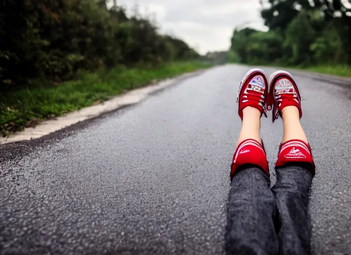 Image similar to legs of a woman sitting on the ground on a curb, knees up, very short pants, wearing red converse shoes, wet aslphalt road after rain, blurry background, sigma 8 5 mm