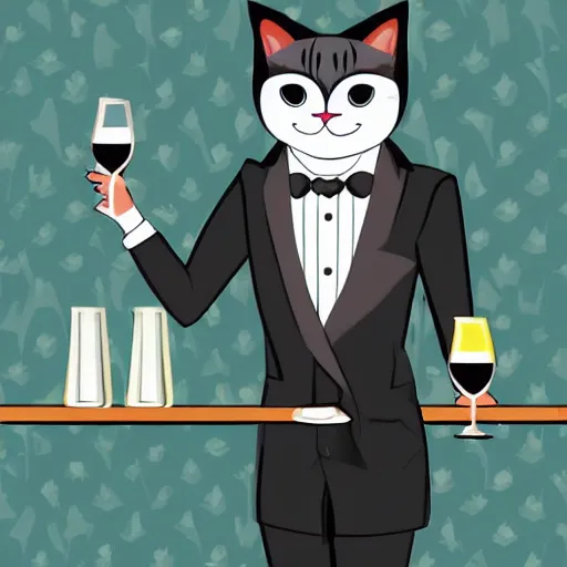 Prompt: A handsome cat bartender, he wearing a formal suit, trippy background