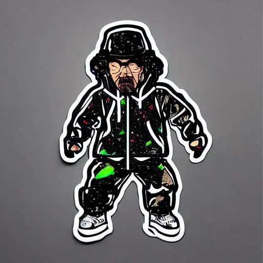 Prompt: die cut sticker, walter white breakdancing in techwear splatter paint