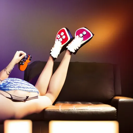 Image similar to a pin up woman playing a videogame, front view, dark lighting, couch, control, photo