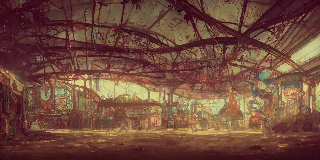 Prompt: abandoned amusement park interior design, Moebius, Greg Rutkowski, Zabrocki, Karlkka, Jayison Devadas, Phuoc Quan, trending on Artstation, 8K, ultra wide angle, pincushion lens effect.