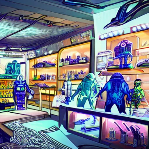 Image similar to alien shop, futuristic