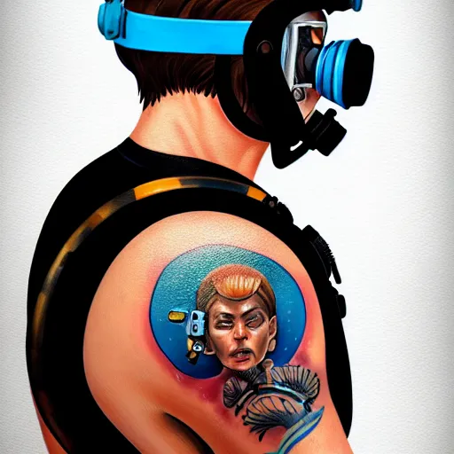 Image similar to a profile photo of a diver with diving helmet with tattoos on arm and neck, side profile in underwater, highly detailed, digital painting, artstation, sharp focus, illustration by Sandra Chevrier