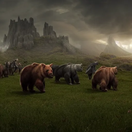 Prompt: an line of armored bears facing a line of cyber-bulls, magical forest, fantasy, Ireland, England, king Arthur, Lord of the rings, cinematic, realistic style, beautiful, majestic, dramatic lighting, early morning, dawn CGsociety, realistic, hyper maximalist, golden ratio, octane render, rule of thirds, wide shot , 8k resolution, epic volumetric light, cinematography, concept art, Artstation trending, environments, fantasy