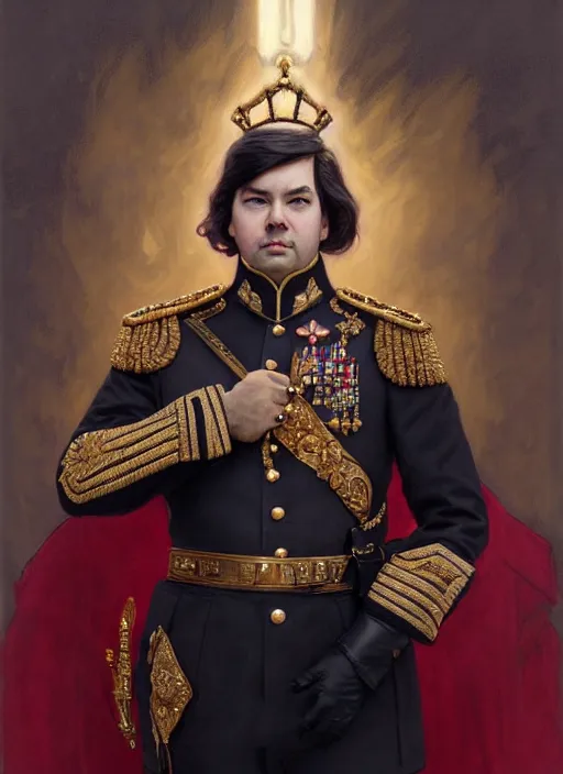 Image similar to portrait of supreme leader rich evans, royalty, extravagant, lord, full body, military uniform, fantasy, intricate, elegant, beautiful, highly detailed, charcoal, centered, dark, smokey, digital painting, artstation, concept art, art by artgerm and greg rutkowski and alphonse mucha