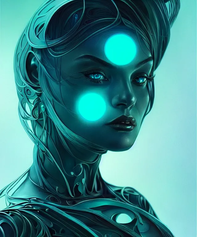 Image similar to Supermodel woman turning into an Android portrait, dark surrealism , scifi, intricate, elegant, highly detailed, teal neon glowing eyes, digital painting, artstation, concept art, smooth, sharp focus, illustration, art by artgerm and moebius and alphonse mucha