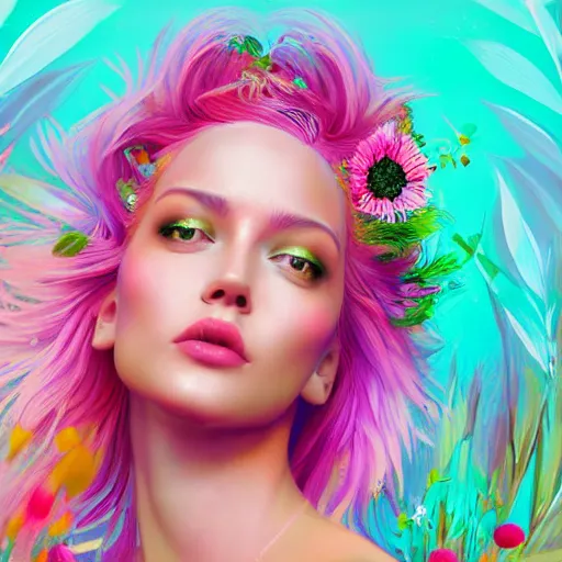 Prompt: a divine feminine woman, pink hair, rosey cheeks, sparkles on eyelids, surrounded by lush flowers and feathers in bright abstract colours, ultra realistic digital painting, artstation, concept art, pop, smooth, sharp focus, illustration, art by dean corwell 3 d 8 k ultra detailed