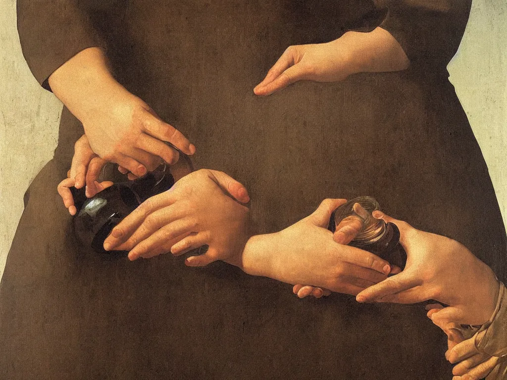 Prompt: Close up of hands holding a water jug. Painting by Zurbaran.