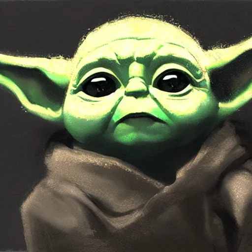 Prompt: portrait of sad baby yoda, artwork by guy denning and charlie bowater,