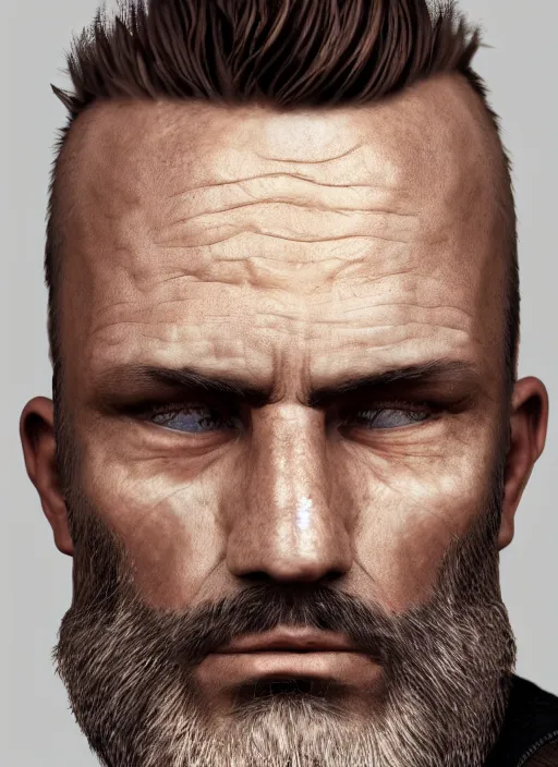 Image similar to a portrait picture of a rough looking middle - aged man, crew cut, brown hair, rugged good looks, serious face, stubble beard, scar on the cheek, highly detailed, digital art, realistic, 4 k, studio lighting, trending on artstation