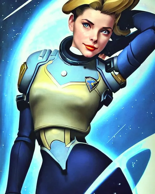 Image similar to mercy from overwatch, ashley greene's face combined with grace kelly's face, in space, character portrait, portrait, close up, concept art, intricate details, highly detailed, vintage sci - fi poster, retro future, vintage sci - fi art, vintage, in the style of chris foss, rodger dean, moebius, michael whelan, and gustave dore