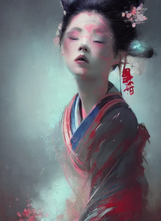 Image similar to female geisha girl, beautiful face, neon, rule of thirds, intricate outfit, spotlight, by greg rutkowski, by jeremy mann, digital painting