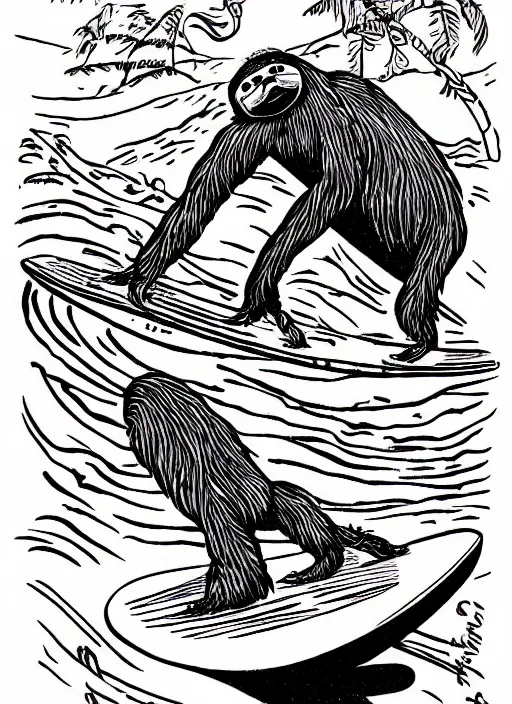 Image similar to beautiful cartoon professional drawing black ink of sloth riding surfboard