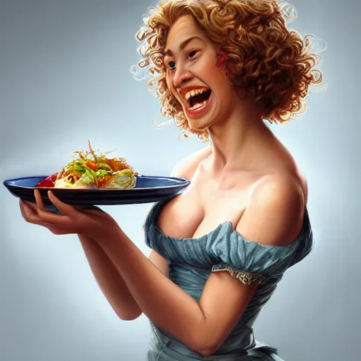 Prompt: epic portrait an poster showing an waitress holding a plate of food and smilling, curly blonde hair, pretty face, glossy skin, digital painting, artstation, concept art, soft light, hdri, smooth, sharp focus, illustration, fantasy, intricate, elegant, highly detailed, D&D, matte painting, in the style of Greg Rutkowski and Alphonse Mucha and artemisia, 8k, highly detailed, jurgens, rutkowski, bouguereau, pastoral, rustic, georgic