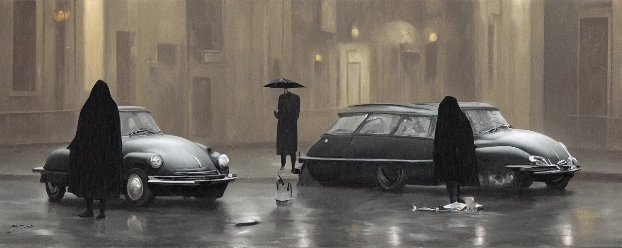 Image similar to A mysterious figure at a black 1955 Citroen DS 19 with the headlights on, smoking a cigarette, parked on the side of the road in the city of Rome while it is raining, by George Tooker, moody, sinister, lighting, hyperrealistic