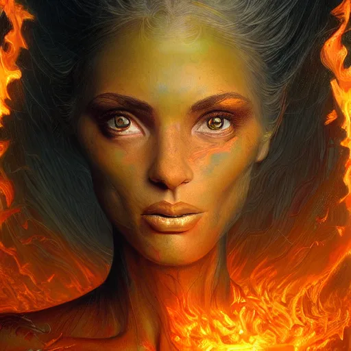 Image similar to A stunning portrait of a goddess, her body made of flames, by Jim Burns, intricate, fantasy, Trending on artstation.