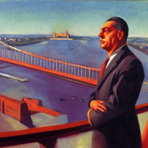 Image similar to leader of fascist hungary, viktor orban, overseeing the war torn city from the banks of the danube river in budapest during the siege 1 9 4 5, by edward hopper