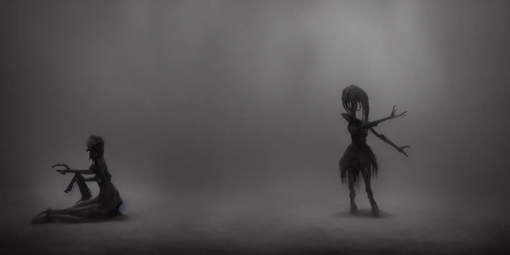 Image similar to the lucid nightmare, surrealistic detailed claymation art, dark, moody, foggy