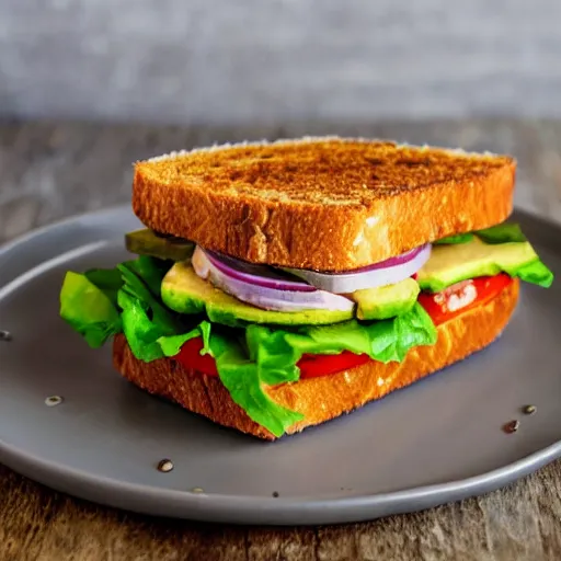 Image similar to sandwich with fried tofu, one red tomato slice, mayo, onion, avocado, melted cheddar, red dish, background : jupiter and stars in the sky