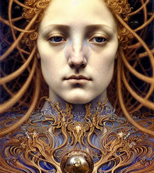 Image similar to detailed realistic beautiful young medieval queen of jupiter face portrait by jean delville, gustave dore and marco mazzoni, art nouveau, symbolist, visionary, gothic, pre - raphaelite. horizontal symmetry by zdzisław beksinski, iris van herpen, raymond swanland and alphonse mucha. highly detailed, hyper - real, beautiful