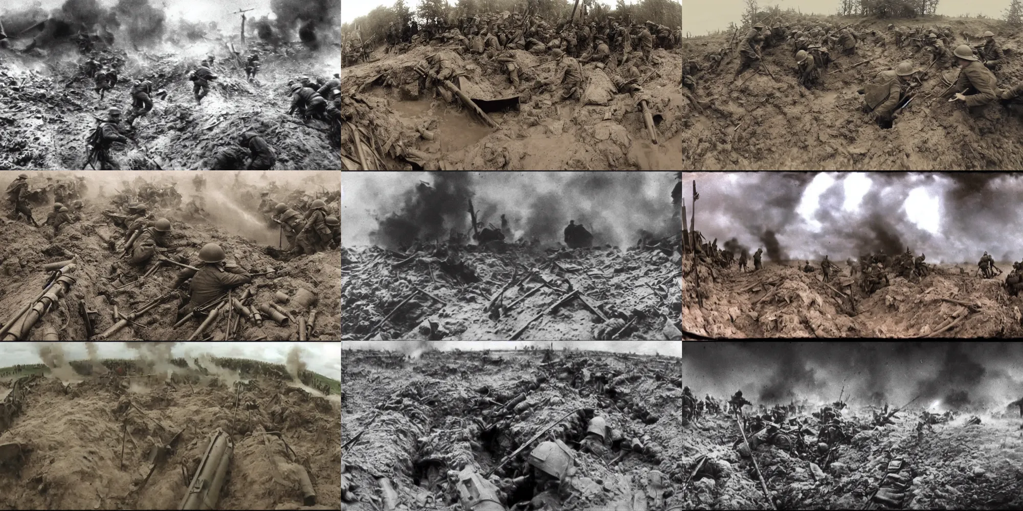 Prompt: gopro footage of ww 1 trench warfare, vibrant contrast, artillery blast, rain and mud, water on lens