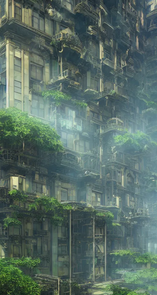 Prompt: A Huge Steampunk Old Apartment Building, by Miyazaki, by Vincent Di Fate Nausicaa, Ghibli, Breath of The Wild, epic composition, green plants, octane render, trending on artstation