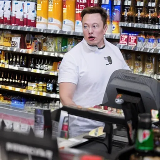 Prompt: elon musk working at the bodega, behind the counter, cash register, liquor for sale