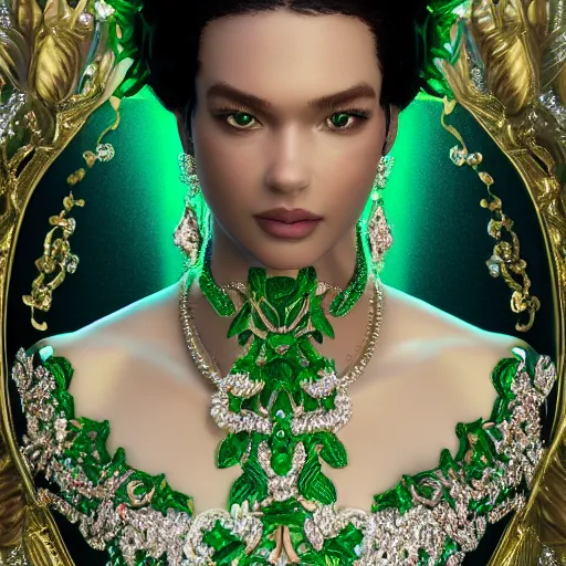 Prompt: portrait of wonderful princess of emeralds with fair skin, green flowers, ornate, 8 k, gorgeous, intricate, detailed, glowing white accent lighting, dramatic lighting, octane render