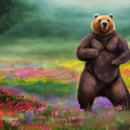 Prompt: girl riding a giant grizzly bear in a field of flowers, trending on artstation