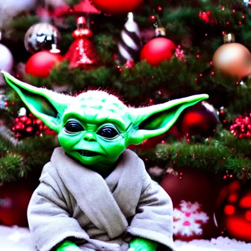 Image similar to , baby yoda wears a christmas outfit in front of a christmas tree. there is snow everywhere. realism, 8 k, 4 k, mandalorian ( tv ).