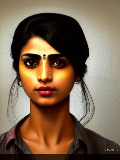 Prompt: portrait of a modern south asian woman wearing a dark shirt, upper body 2d game avatar, default pose neutral expression, face-on, close-up, eye-contact, Donato Giancola, chiaroscuro lighting, vibrant expressive colours, shape language, Alphonse Mucha/Gustav Klimt style, alpha masked transparent flat grey background, 4k, ACES filmic tonemapping, volumetric lighting, French Nouveau, trending on artstation, octane render, hyperrealistic