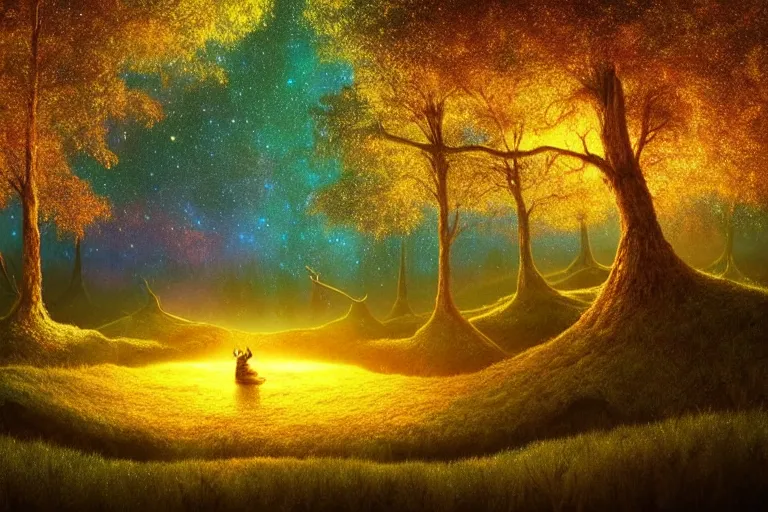 Prompt: vivid surreal landscape : : magic forest nature : : weta disney pixar movie still photo : : decadent highly - detailed digital painting, full length shot, golden ratio, golden hour, galaxies, stars, light trails, lagoon, reflection, night sky, octane render, artstation, smooth, sharp focus, artgerm, mucha, loish, wlop, gogo