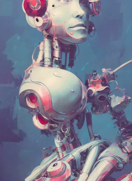 Image similar to surreal gouache painting, by yoshitaka amano, by ruan jia, by conrad roset, by Kilian Eng, by good smile company, detailed anime 3d render of a female mechanical android maid, portrait, cgsociety, artstation, modular mechanical costume and headpiece, retrowave atmosphere
