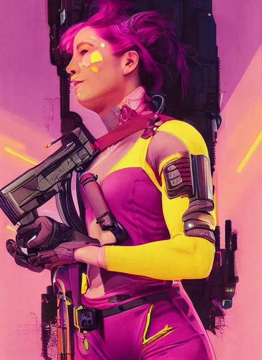 Prompt: beautiful cyberpunk female athlete wearing pink jumpsuit and pointing a yellow belt fed pistol. advertisement for pistol. cyberpunk ad poster by james gurney, azamat khairov, and alphonso mucha. artstationhq. gorgeous face. painting with vivid color, cell shading. buy now! ( rb 6 s, cyberpunk 2 0 7 7 )