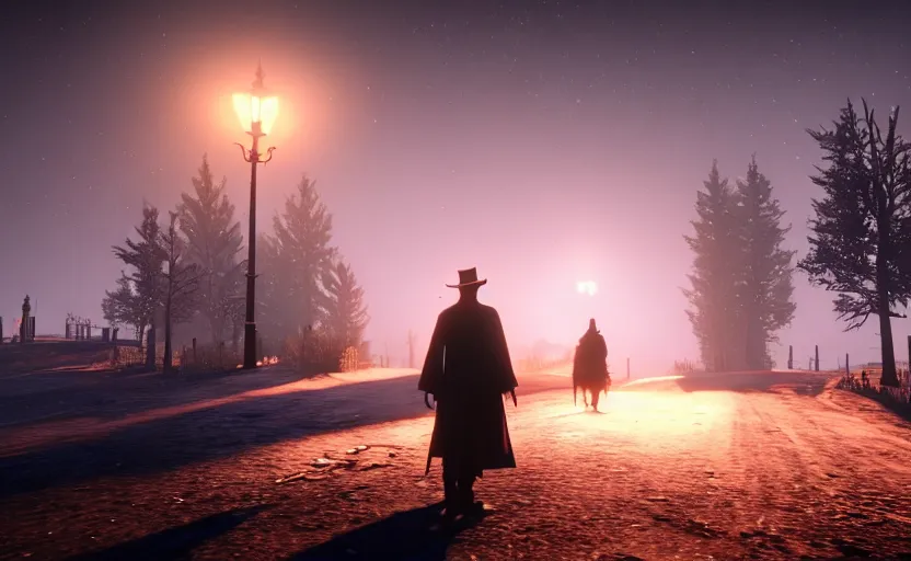 Image similar to Harry potter in Red Dead Redemption 2, night time, foggy, cinematic shot