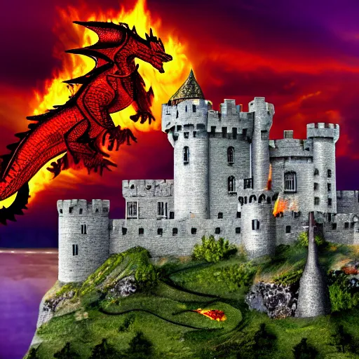 Image similar to a cartoonish photo of a castle near the river and a dragon in the flames flying by